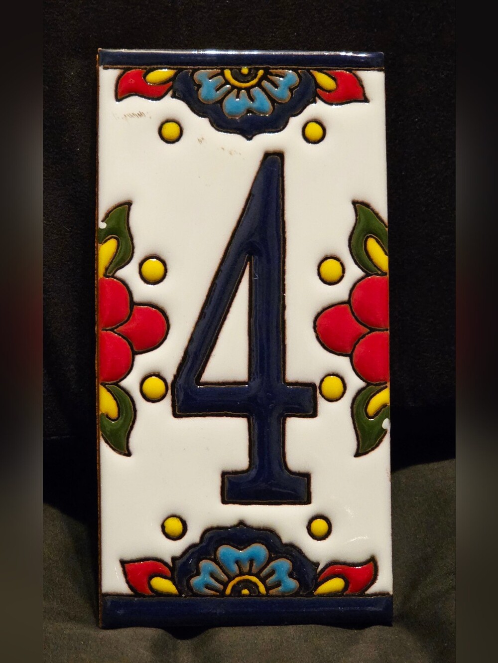 ONE Talavera Style Mission Tile #4 Floral & Dark Blue  6x3"